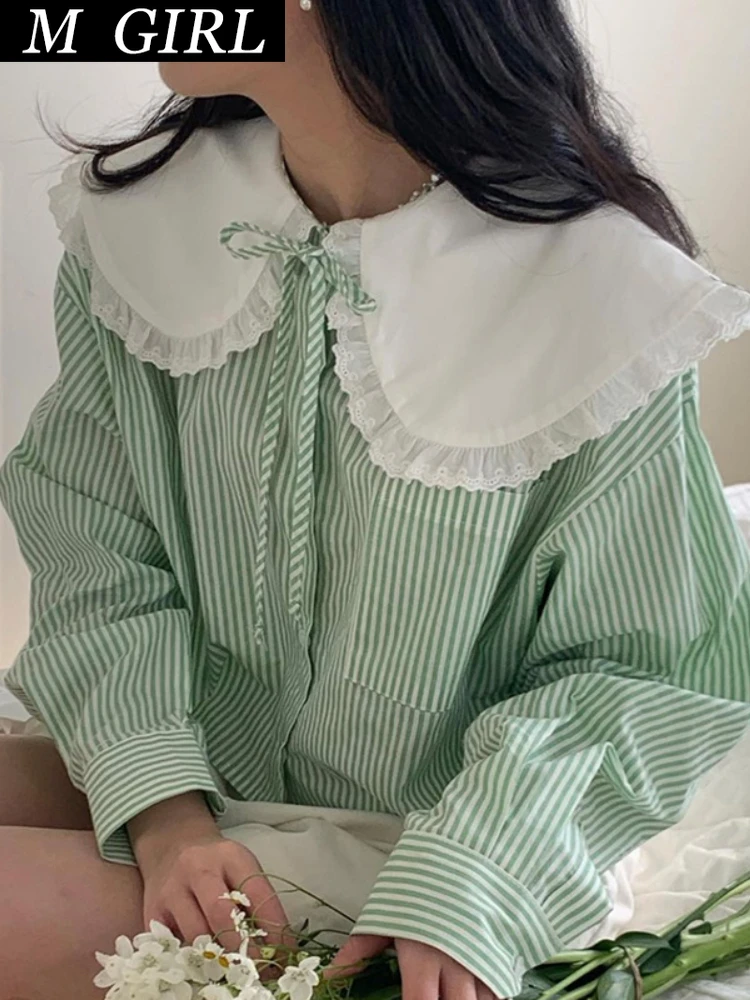 Korean Chic Women Striped Green Shirt Peter Pan Collar 2022 Spring Summer Elegant Tops Loose Puff Sleeve Sweet Blouse