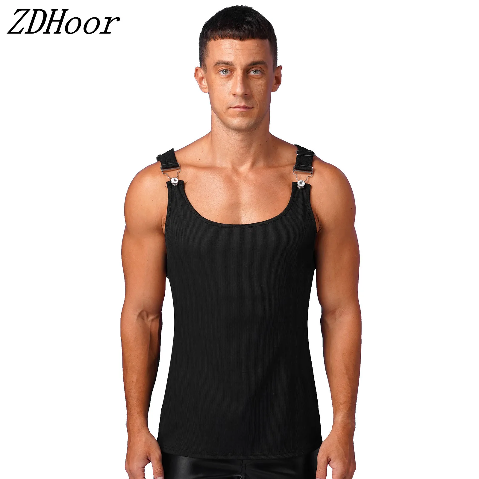 

Mens Stylish Solid Color Compression Vest Adjustable Straps Rib Stretchy Tank Top Shirt for Workout Athletic Daily Wear