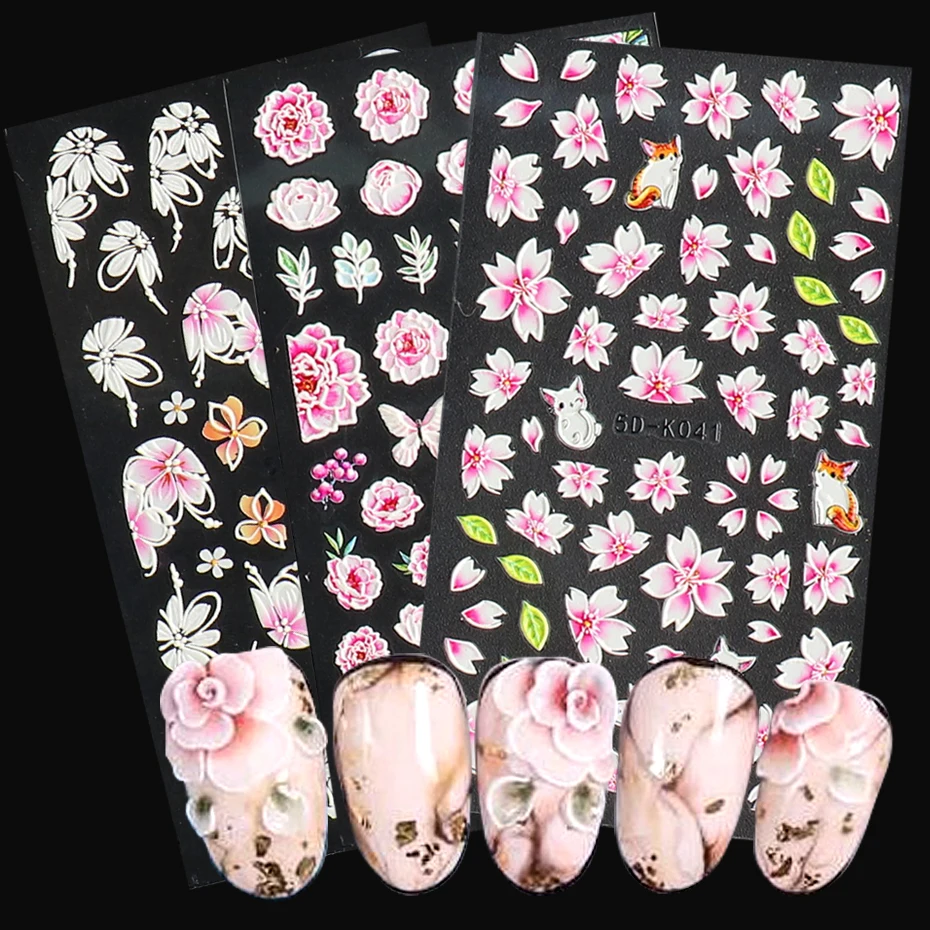 5D Embossed Temporary Tattoo Stickers For Nails Pink Plum Blossom Flowers Nail Art Polish Foils Leaf Rose Manicure Slider BE5D-K