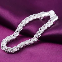 luxury 925 stamp silver color cuff bracelets simple 6mm twist round chain fashion bracelets bangle for men women men jewelry