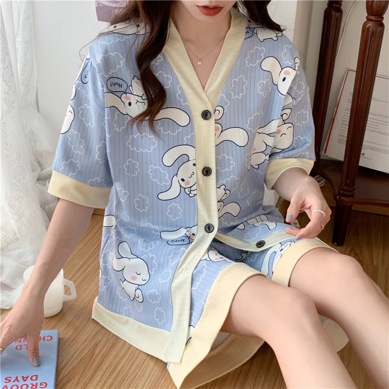 Summer thin female pajamas plus fat plus 300 catties can wear sweet loose home clothes short sleeve shorts set