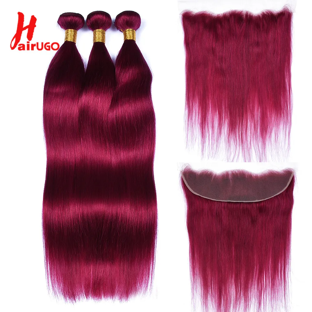 HairUGo Straight Human Hair Bundles With 13x4 Lace Front Brazilian Burgundy 13x4 Lace Front With Bundles Remy Hair Extension