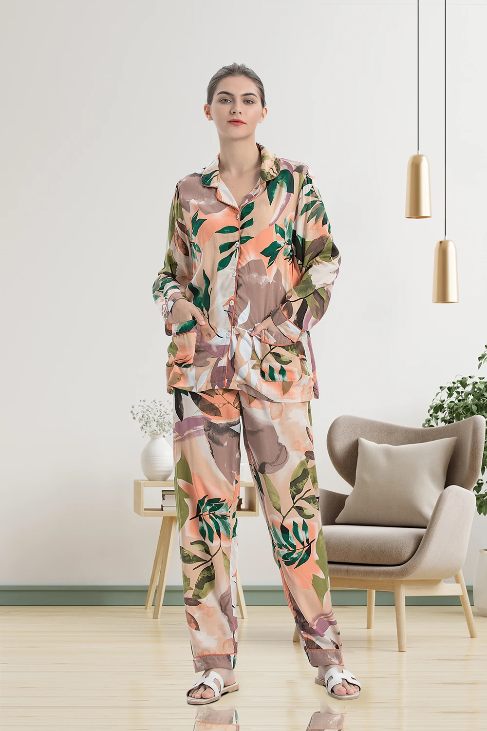 Women's Long-sleeved Trousers Pajamas Set Printed Spring Summer New Simple Style Home Service Female Suit