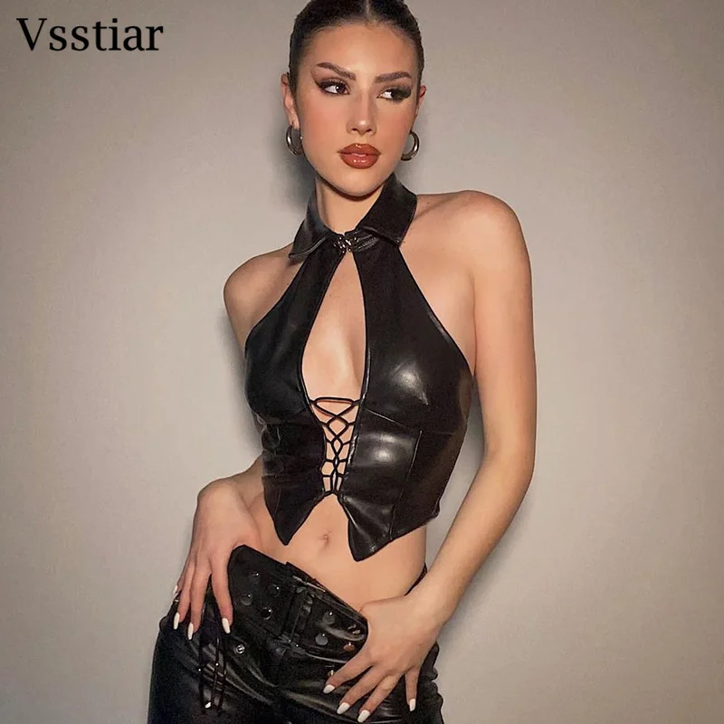 

УКОРОЧЕННЫЙ ТОП Vsstiar из черной искусственной кожи с лямкой через шею, с завязкой, с открытой спиной, облегающий Женский Летний жилет, сексуал...