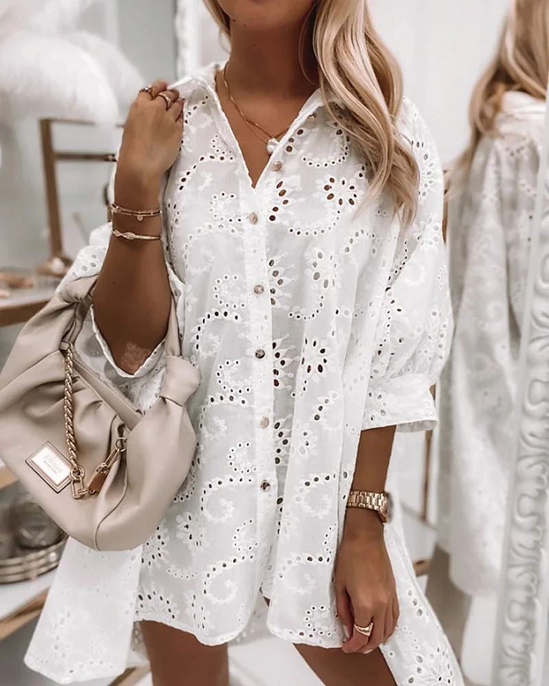 

2022 Autumn Lace Women's Dress Loose Solid White Long Sleeve Shirt Female Dresses New Elegant Fashion Casual Ladies Clothes