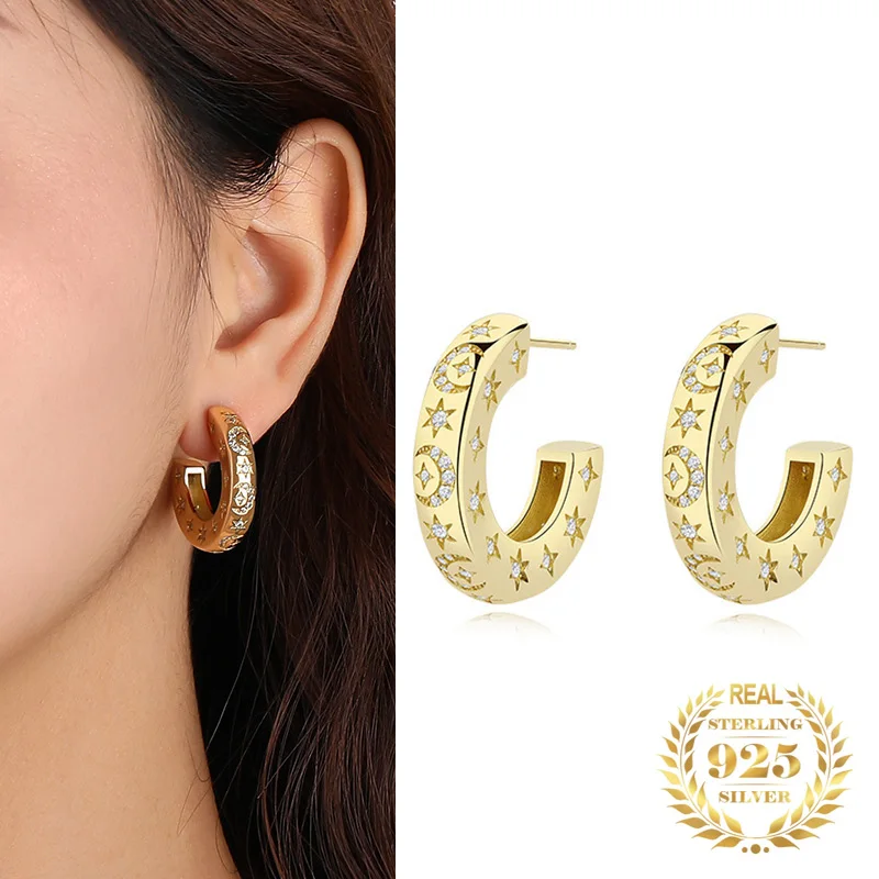 

925 Sterling Silver Big Hoop Minimalist Earrings Jewelry Micro Pave CZ Zirconia Moon Star Hoop Earrings Woman 2022 Style3