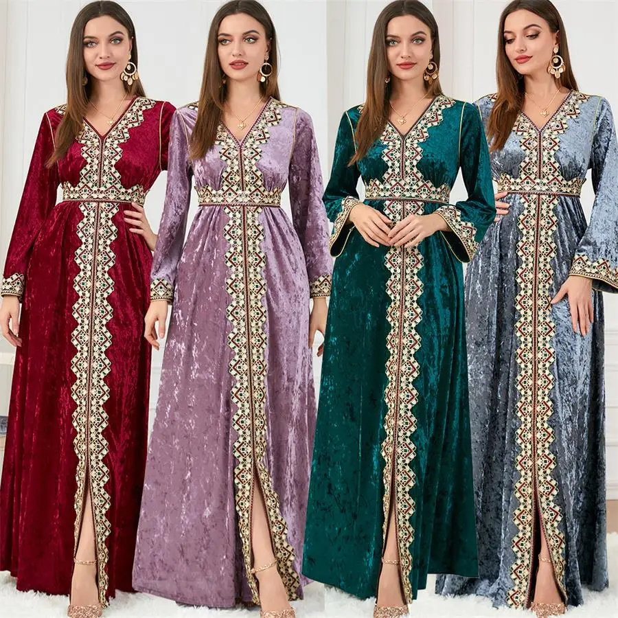 Abayas Women's Floral-embroidered Gold Silk Belt with Long Sleeves Light Luxury Beautiful Velvet Slit Hem Evening Dresses