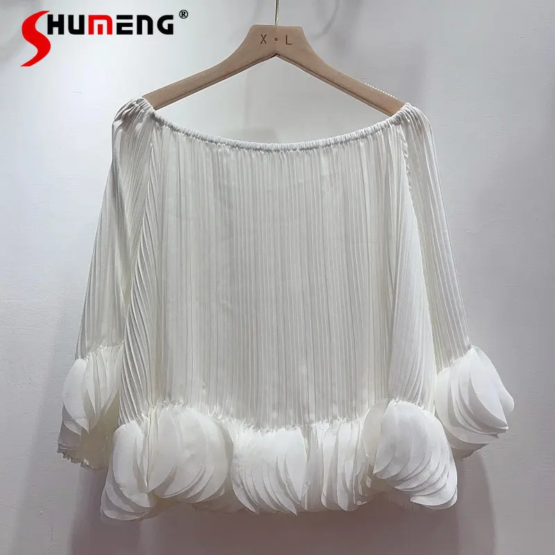 

Handmade Petal Chiffon Short Plain Color Sleeve Shirt 2023 Summer Korean Fashion High Waist Short Pleated Off-Neck Blusas Top