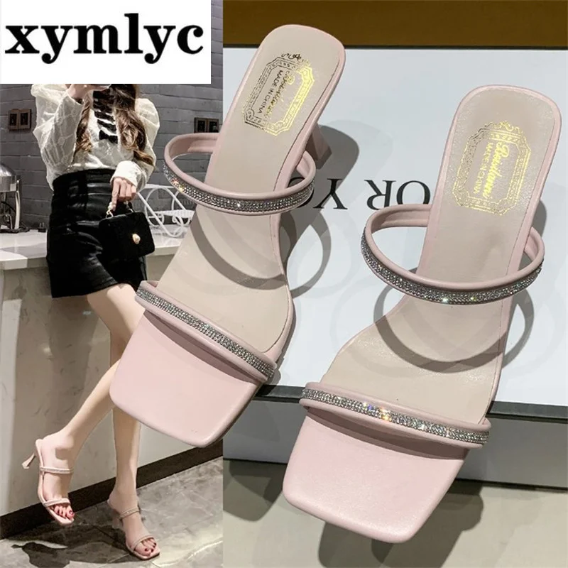 

Net red ins slippers women's 2022 summer new thin strap rhinestone sandals and slippers wear square head with high heels