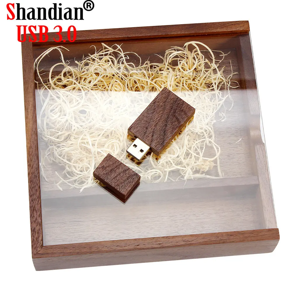 

SHANDIAN Wooden Box USB Flash Drives 128GB Creative Photography Wedding Gift 3.0 Memory Stick 64GB Laser Engraving Pen Drive 32G