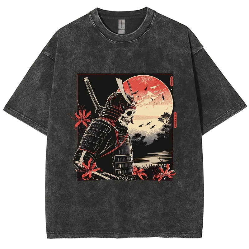 Рубашка в стиле хип-хоп для мужчин и женщин топ с принтом скелета укиё-э самурая
