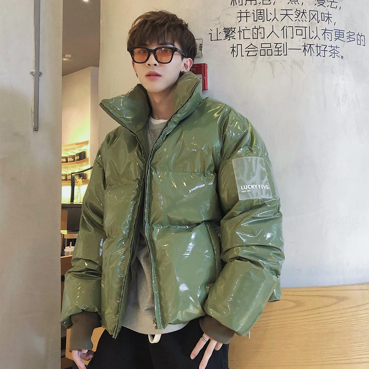 Winter Shiny Cotton Coat Men's Fashion Brand Loose Short Thickened Puffer Jacket Pu Handsome Coat