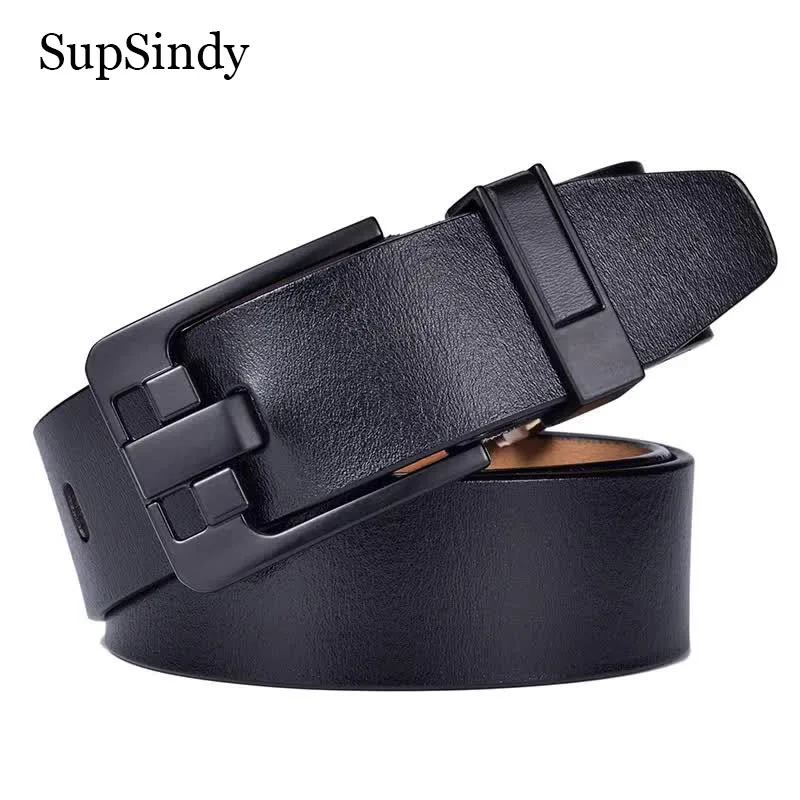 SupSindy Men Genuine Leather Belt Luxury Black Metal Pin Buckle Cowhide Leather Belts for Men Jeans Waistband Casual Male Strap