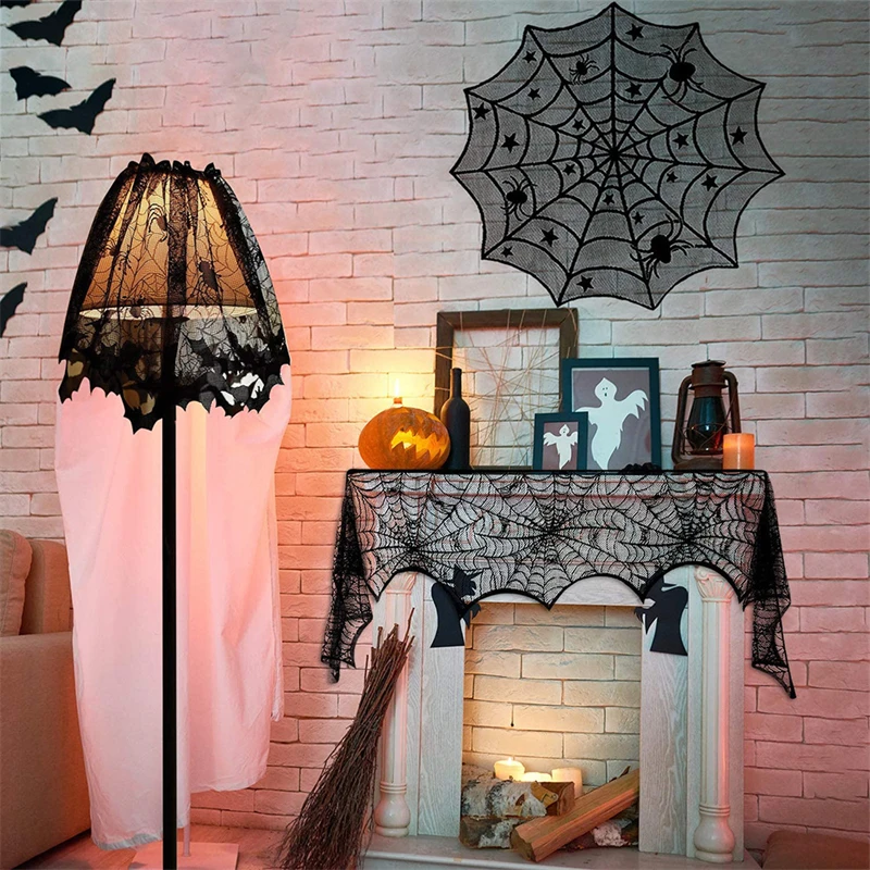 

Halloween Decoration Lace Spider Web Skeleton Skull Tablecloth Runner Black Fireplace Mantel Scarf Event Halloween Party Supply