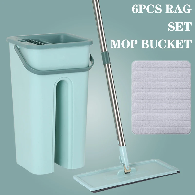 

Squeeze Flat Mop Bucket Set Thicken Bucket Floor Mop Spin Hand Free Washing Mops Dry Wet Usage 6 Pcs Mops Rag Home Cleaning Tool