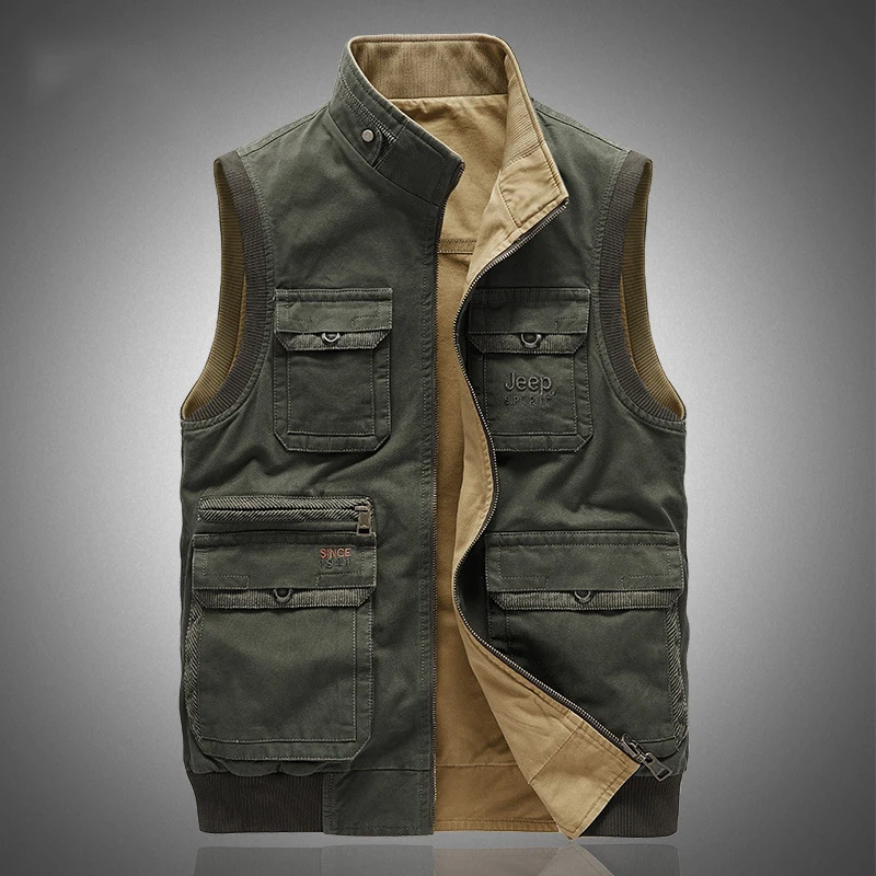 

Spring Autumn Vest Men Double Sides Wear Sleeveless Jacket Men Casual Slim Fit Multi-pockets Military Tactical Vest Waistcoat