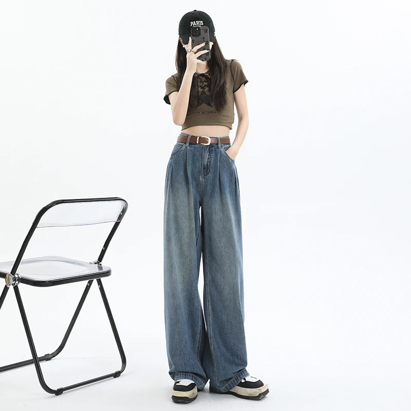 Jeans Women's Spring/Summer Commuter Pants Blue Youth Wide Leg Pants High Waist Loose Fit Pleated Straight Sweep Feel