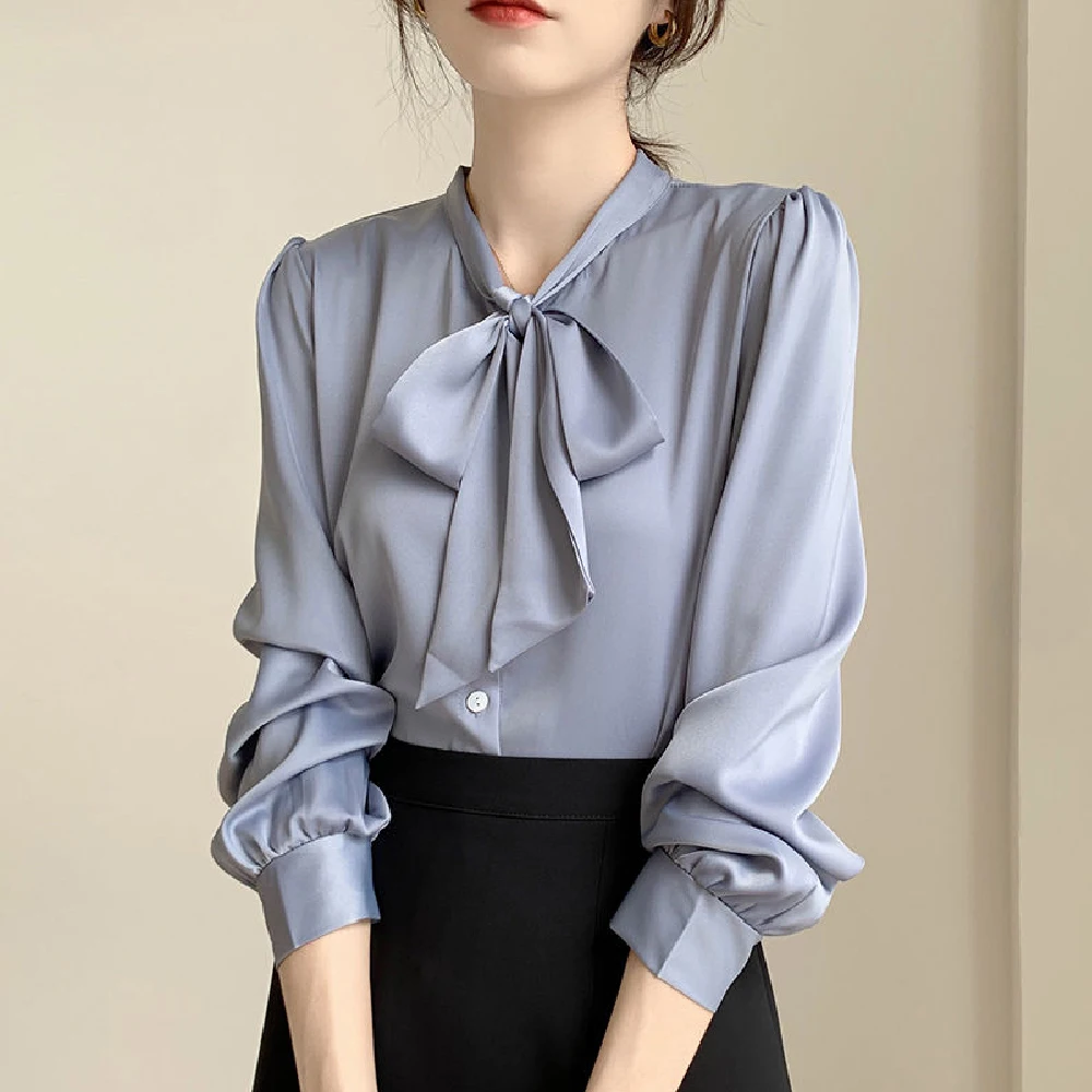 

Белая шифоновая рубашка для женщин, новинка весны 2022, блузка с длинным рукавом и бантом, профессиональный темпераментный женский топ, Офисн...