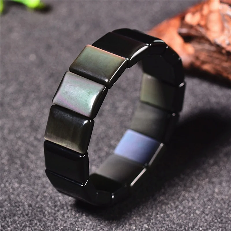

Classic Natural Rainbow Eye Stone Black Obsidian Bracelet Hand Wrist Energy Stone Row Amulet Bracelets For Men Women