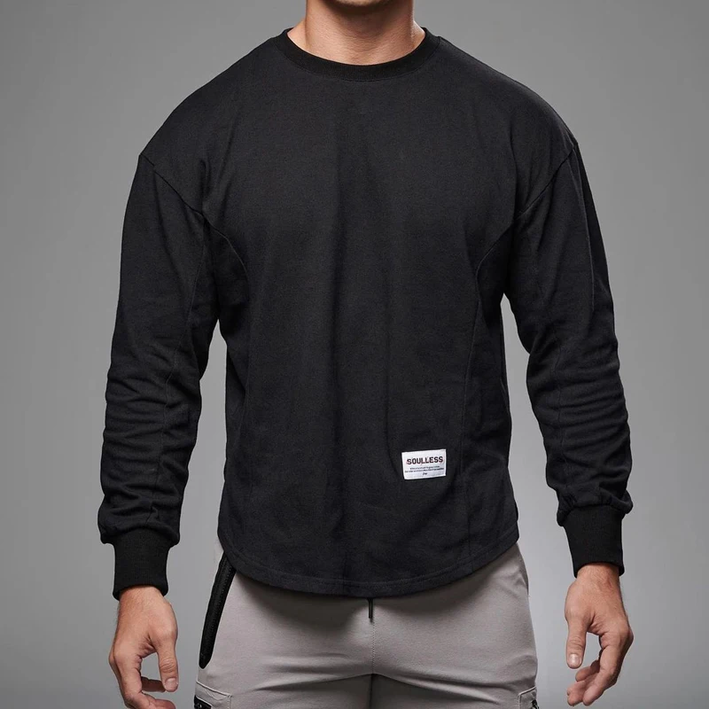 

Men's Sports Fitness Long Sleeve T-Shirt loose oversized bottoming shirt Gym Running Training Cotton Crew Neck Sportswear top