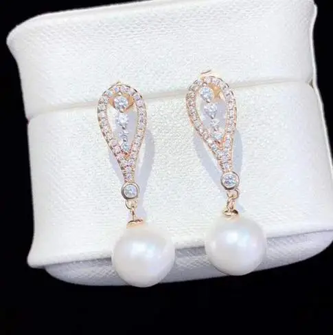 

new White South Sea round Pearl zircon crystal 925 silver earring