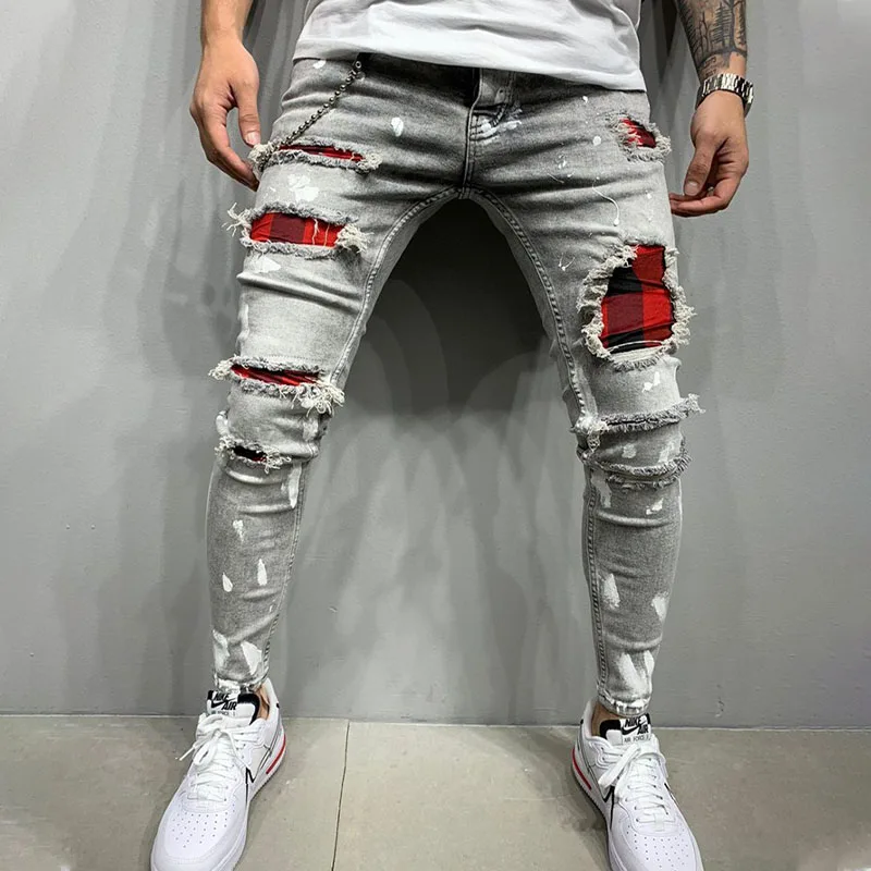 Men's Jeans Blue Fashion High Street Casual Pants Ripped Stretch Denim Trousers Fake Luxury Men's Clothing