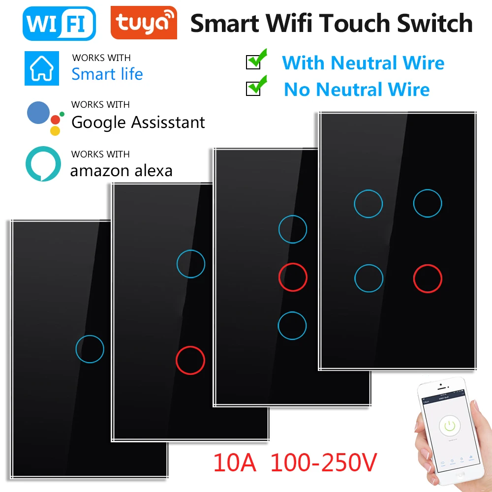 

Беспроводной Wi-Fi переключатель Tuya Smart Life Home, настенный переключатель с дистанционным управлением, 1/2/3/4 клавиши, сенсорный переключатель Alexa ...