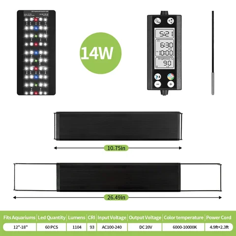 Luz de iluminação LED de ciclo de 30-60cm 24/7 com monitor LCD e função de memória do termômetro Função de peixes IP68 110V-240V