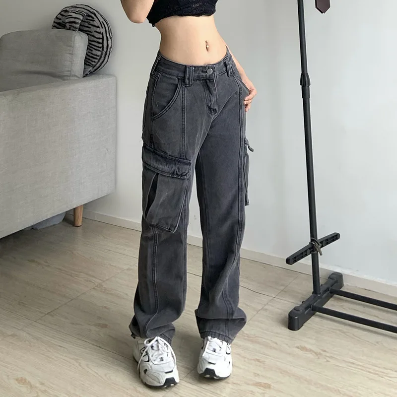 

Casual Women Y2k Cargo Jeans Big Pockets Straight Sweatpants Bottoms Vintage High Waisted Hippie Trousers Baggy Jeans New Korean