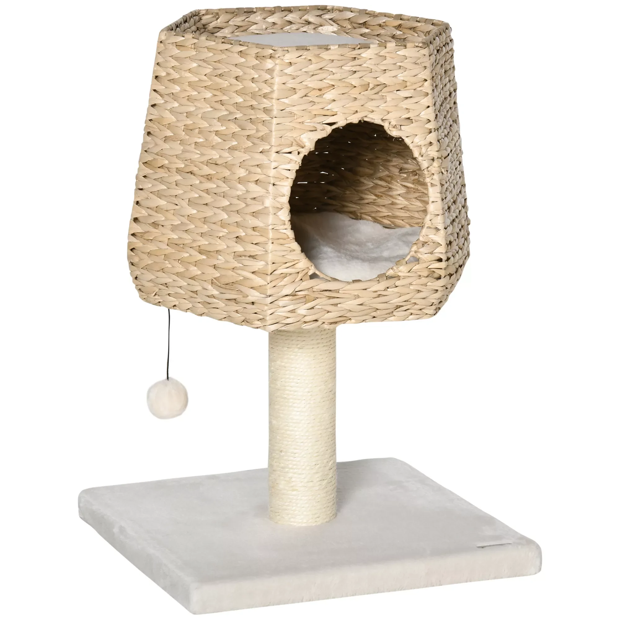 

tree scratcher for small cats height 66 cm tower with cave bed cushions and ball hanging cream and Natural