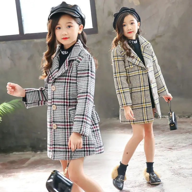 

Girls Winter Jacket Woolen Coat New Autumn Checkered with Cotton Kids Outerwear 4 6 7 8 9 10 11 12 Years Old Teenage Windbreaker