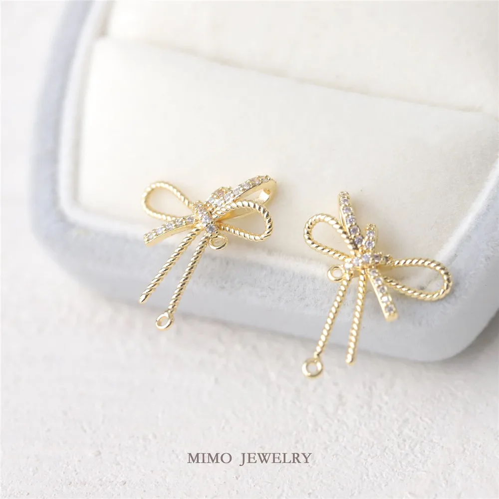 

14K Gold Copper Plated Genuine Gold Micro Inlaid Zircon Asymmetric Flexible Bow 925 Silver Needle Semi-finished Earrings