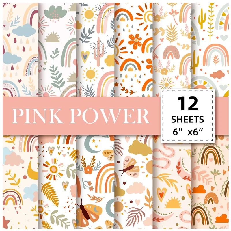 

12Sheets Boho Rainbow Material Paper Colorful DIY Background Stickers Aesthetic Scrapbooking Stationery Supplies Accessories