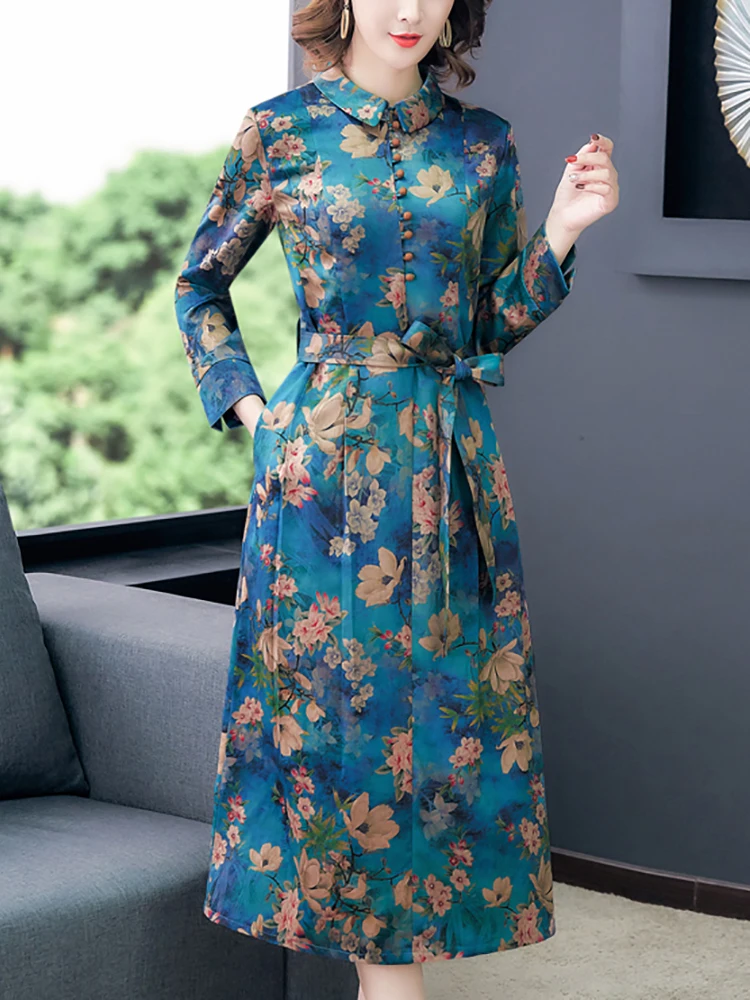Женское шелковое платье-поло с цветочным принтом и длинным рукавом