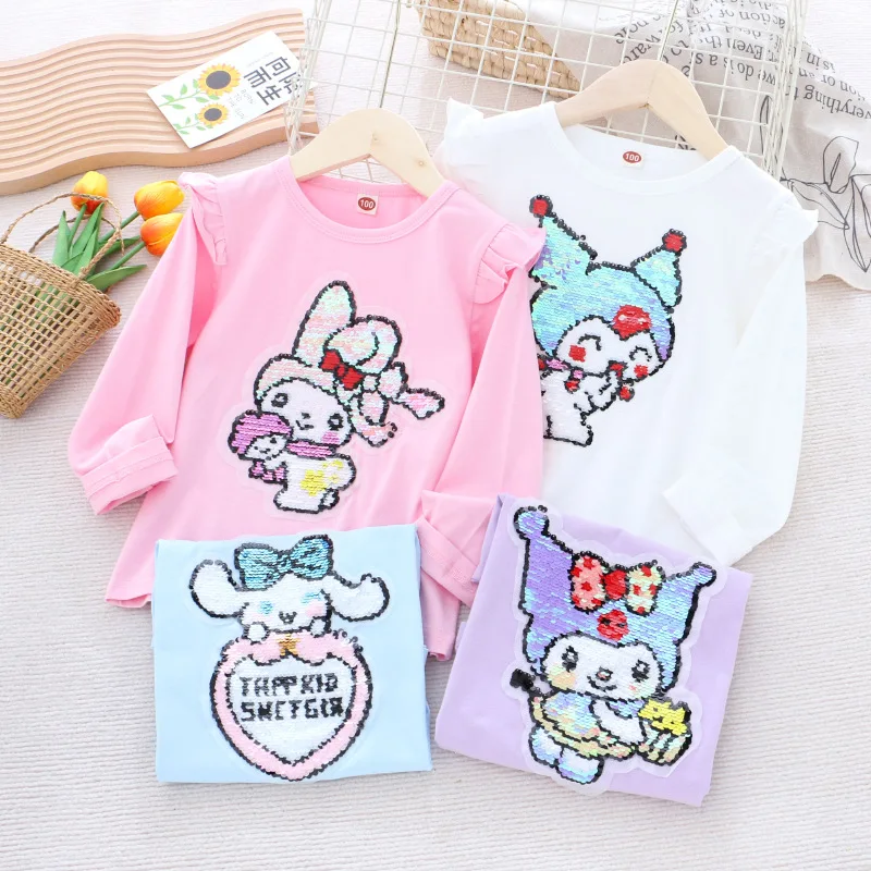 

New Sanrio Anime Kuromi Cinnamoroll My Melody Children Clothing Long-Sleeved T-Shirt Tops Colour Changing Sequins Birthday Gifts