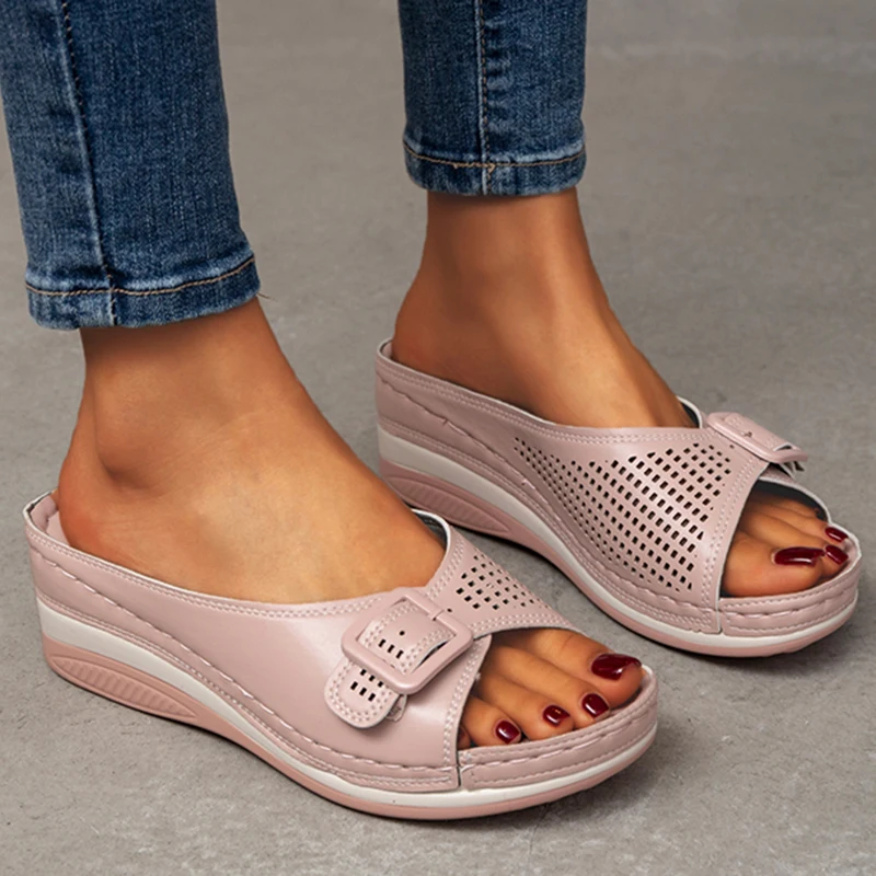 

New Plus Size 43 Wedges Slippers Women 2022 Summer Buckle Peep Toe Sandals Woman Comfy Non Slip Beach Flip Flops Female