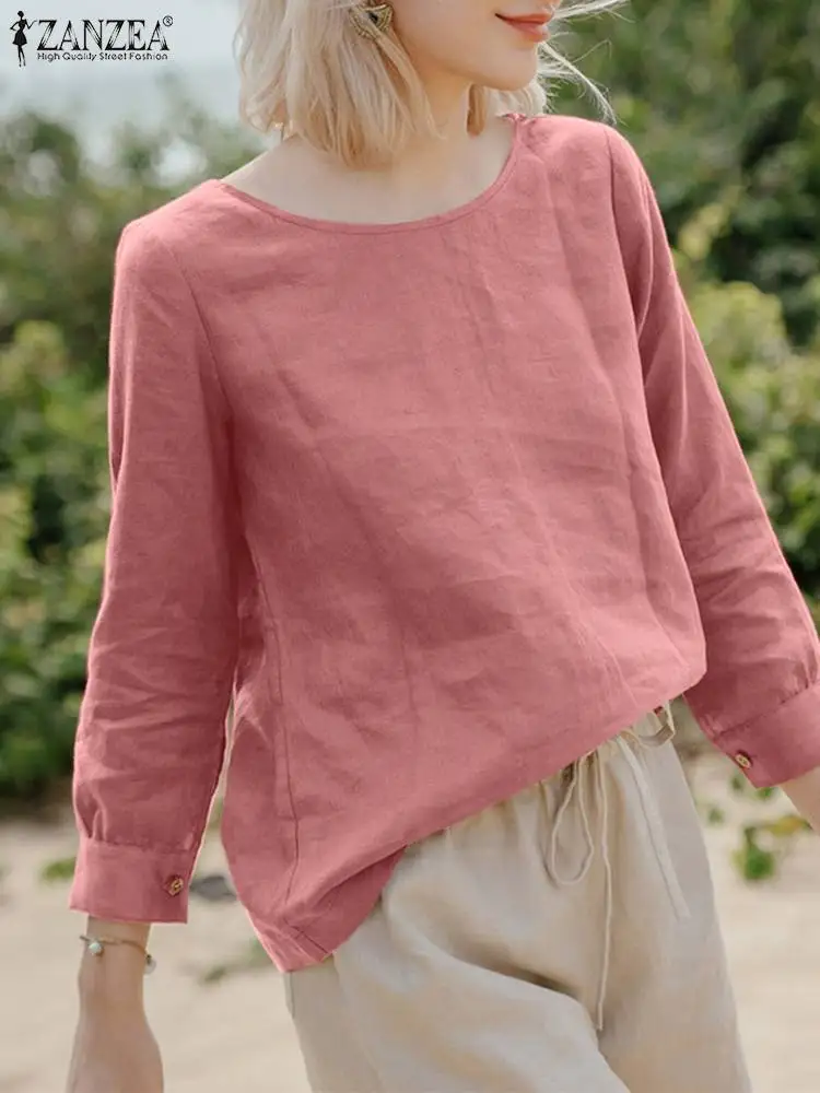 

Women Blouse ZANZEA Spring Autumn Solid Color Blouses Femme Vintage O-Neck Long Sleeve Cotton Tops Simple Casual Shirts Loose