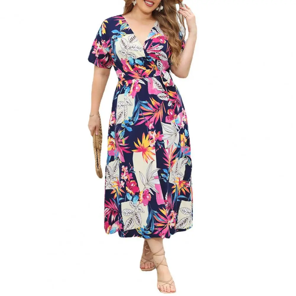 

Loose Hem A-line Dress Floral Print A-line Midi Dress Stylish Summer V-neck Short Sleeve Loose Fit Office Lady Fashion
