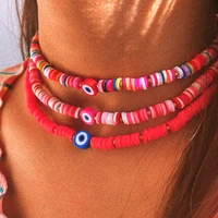 flatfoosie fashion evil eyes polymer clay beads choker necklace for women colorful soft clay beaded necklace boho beach jewelry