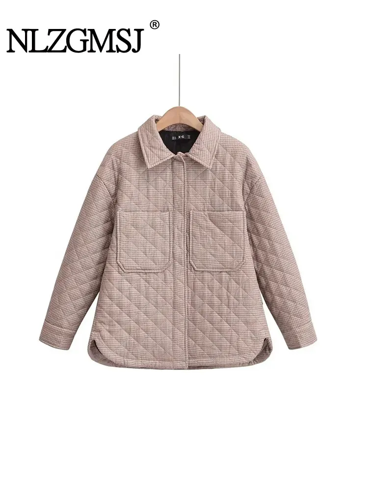 

Nlzgmsj TRAF 2023 Autumn Winter Plaid Print Jacket Loose Korean Version Thin Ling Small Cotton-Padded Jacket Parka Women Coat