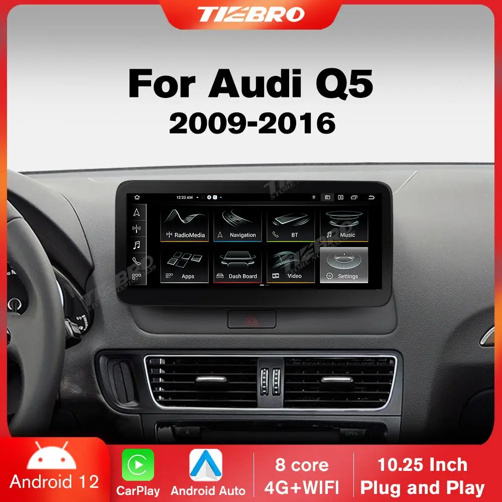 

TIEBRO 10,25 ''для Audi Q5 2009-2016 LHD Автомагнитола Carplay мультимедийный плеер GPS-навигация Android 12 головное устройство 8G + 256G