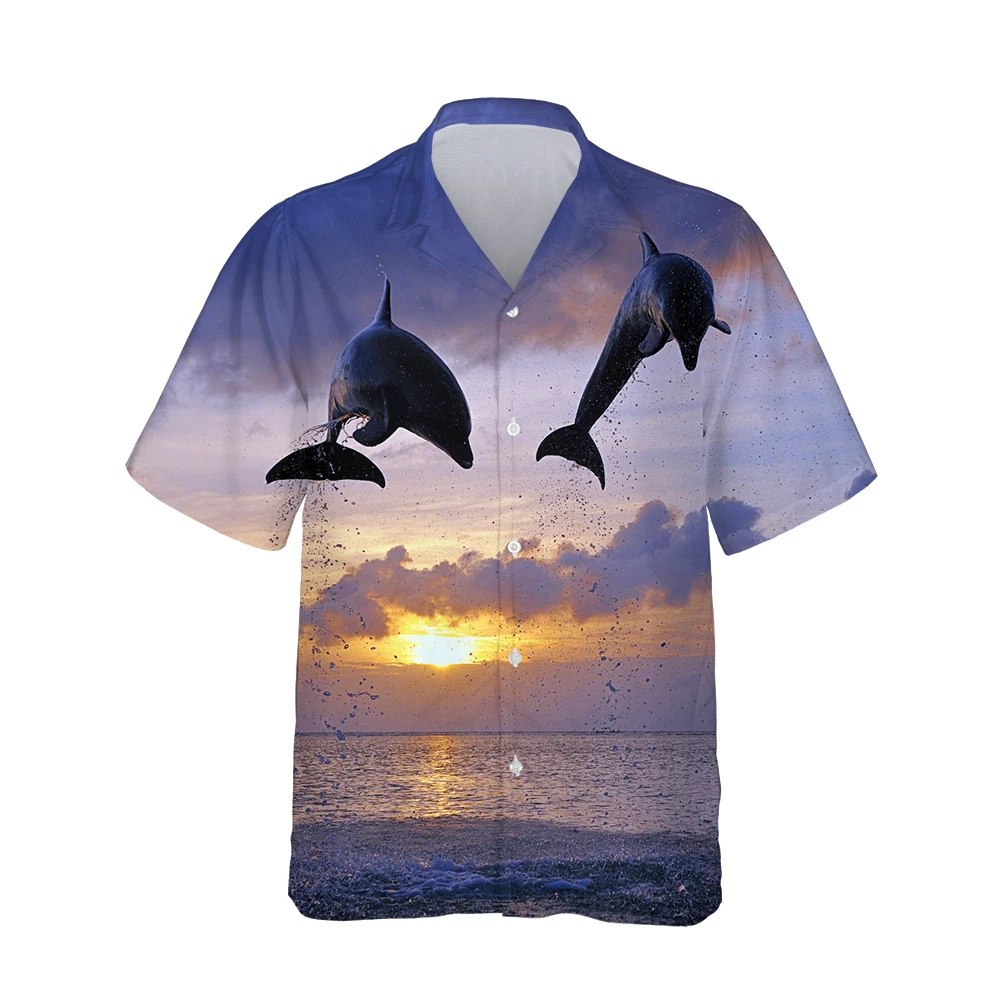

Jumeast 3d Dolphin Jump Sunset Printed Hawaiian Shirt Men Short Sleeve Cute Ocean Wave Animals Shirts for Men Casual Loose Tops