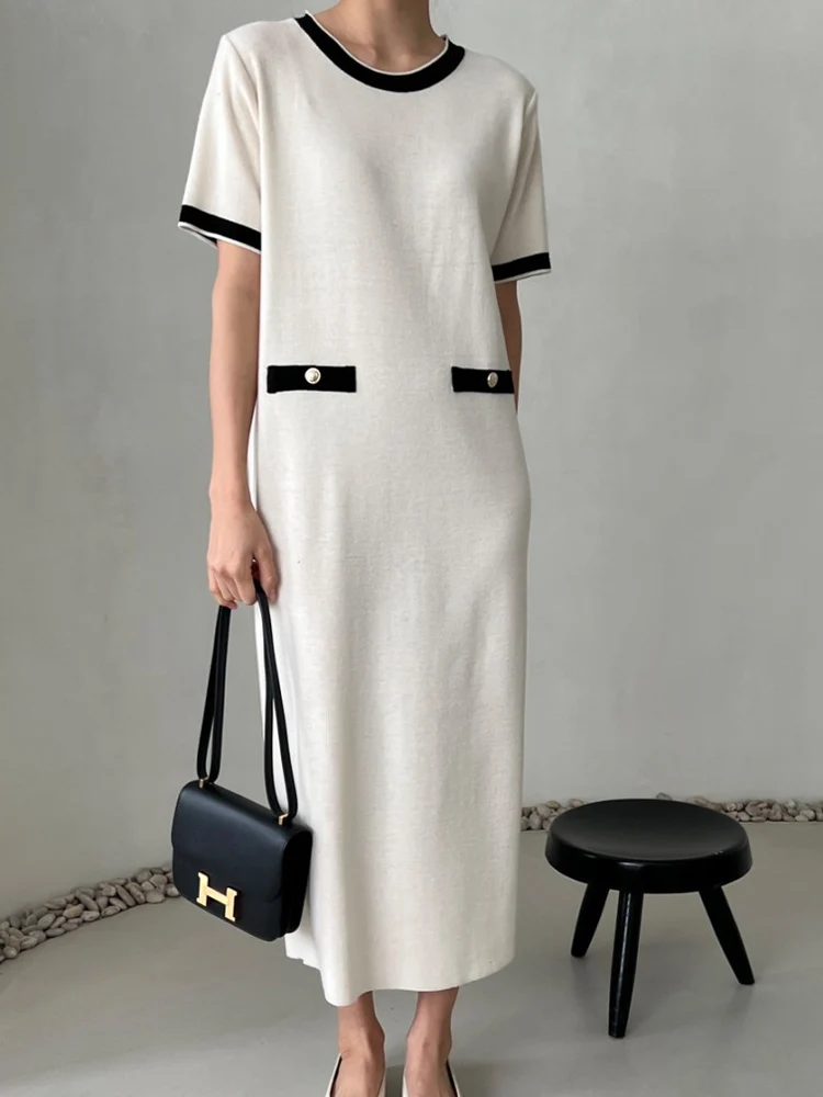 

Элегантное вязаное платье с круглым вырезом и коротким рукавом, простое свободное платье, новинка 2023, модная женская одежда в Корейском сти...