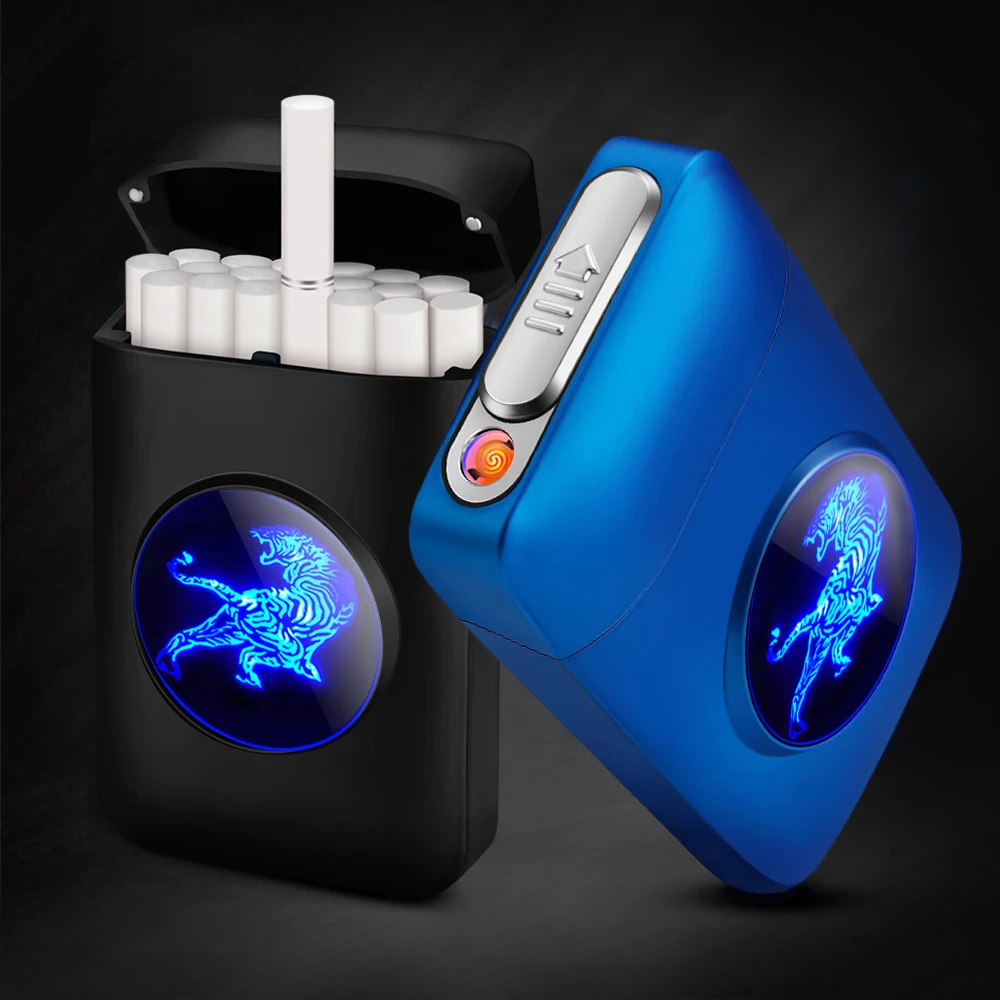 

Cigarette Case USB Charging Lighter 19pcs Capacity Cigarettes Storage Container Box Windproof Lighter Tobacco Holder Men's Gifts