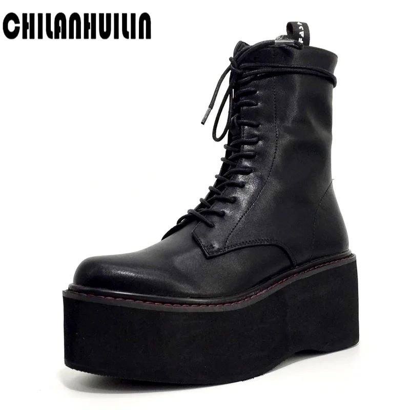 

soft leather elegant cozy ladies ankle boots fashion lace-up autumn winter thick platform women's wedges outdoor shoes woman