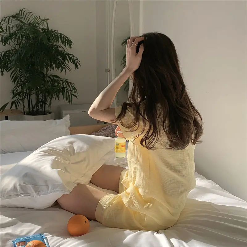 Pajamas for Women's  Summer Solid Color Cotton Sleepwear Korean Simple and Sweet Style  Short-sleeved Two Pieces Set Loungewear