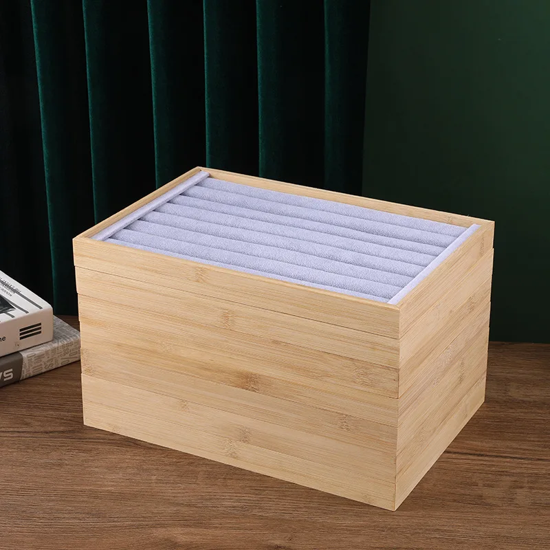 Wholesale Natural Bamboo Ring Display Tray Colorful Velvet Ring Tray Organizer for Jewelry Store Stackable Jewellery Storage