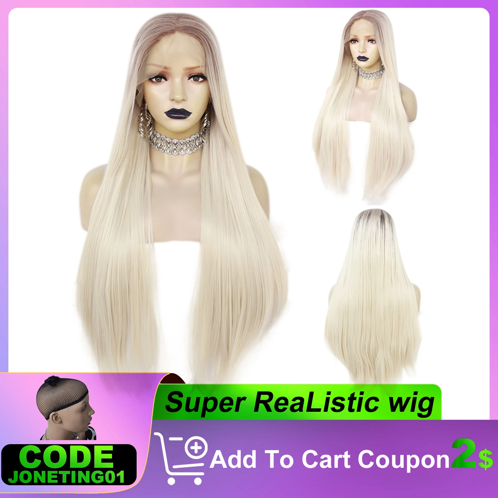 JONETING 34Inch Ombre Blonde Silver Long Lace Front Wigs T Type Heat Resistant Straigh Synthetic Wigs for Women Halloween Party