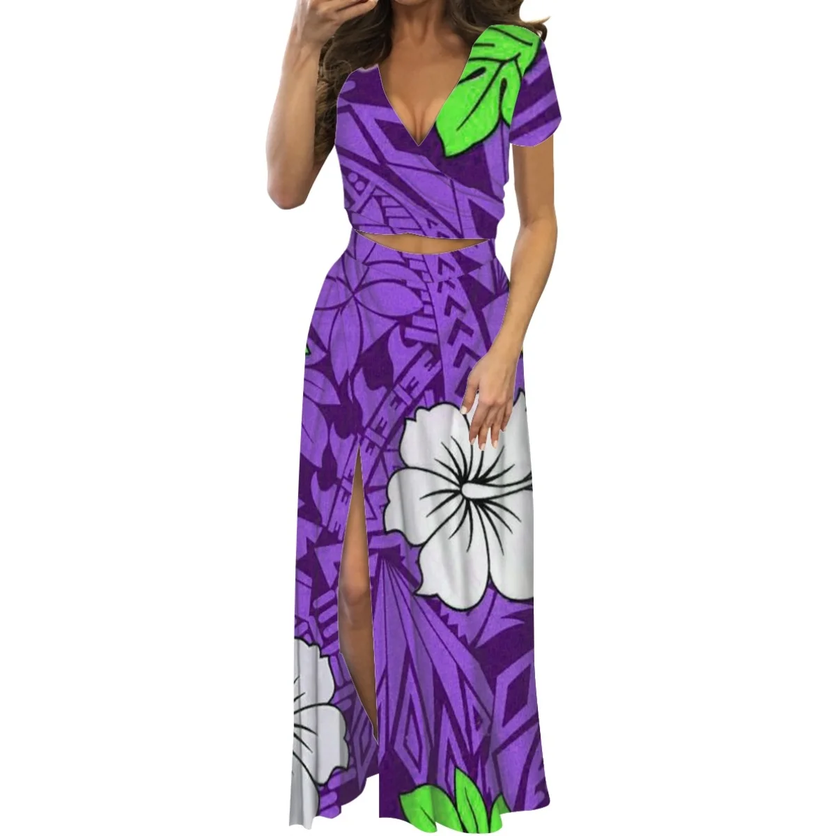 

HYCOOL Polynesian Tribal Purple Hibiscus Totem Prints New Trendy V-neck Short Sleeve Long Two-Piece Ladies Dresses Summer 2023