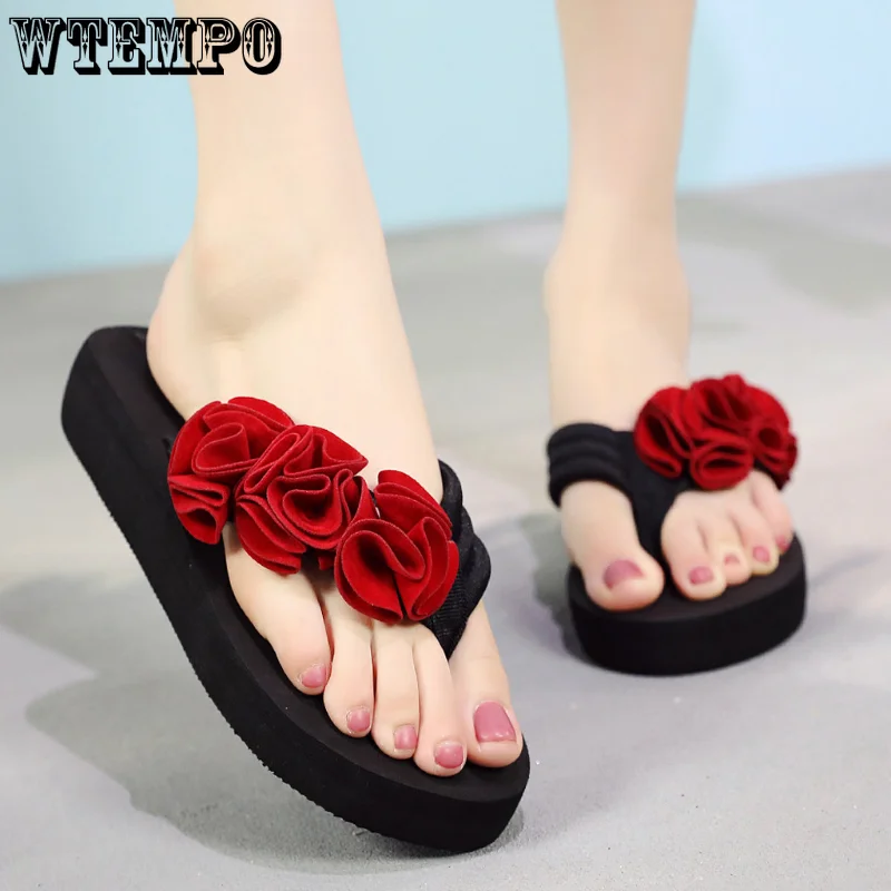 WTEMPO Flower Flip Flops Women Clip Toe Summer Non-Slip Beach Fashion Wedges Ladies Shoes Comfy Outdoor Slippers Dropshipping